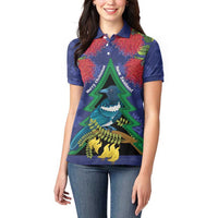 New Zealand Christmas In July Women Polo Shirt Kowhai Tui Bird With Pohutukawa - Blue LT14 - Polynesian Pride