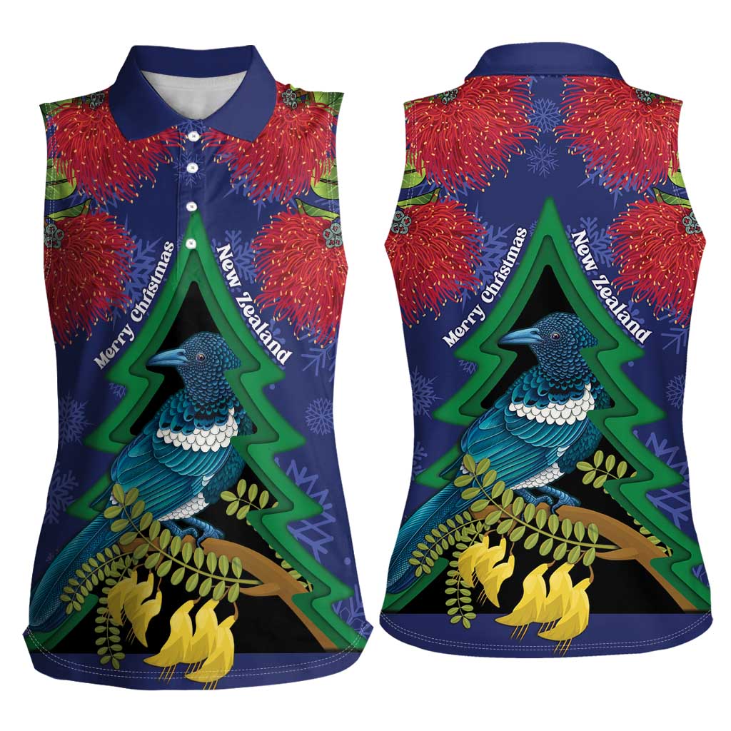 New Zealand Christmas In July Women Sleeveless Polo Shirt Kowhai Tui Bird With Pohutukawa - Blue
