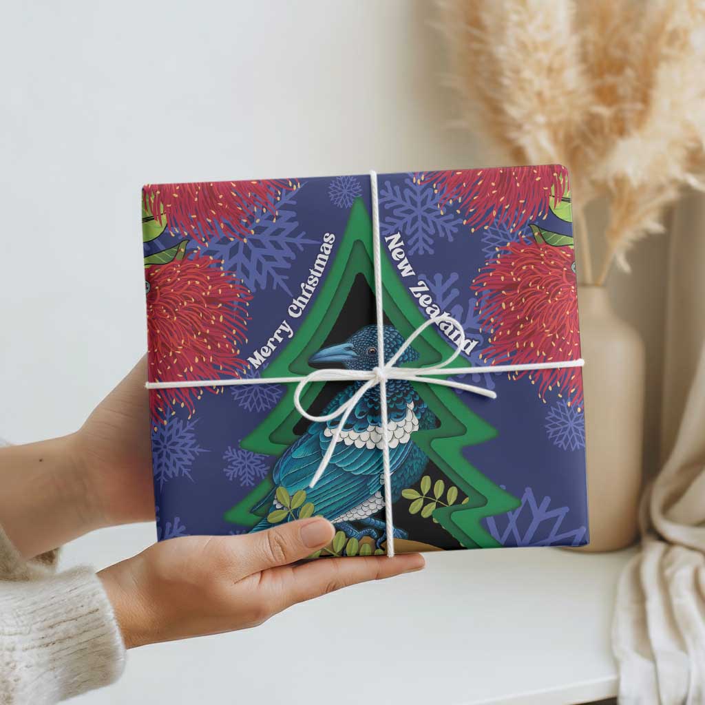 New Zealand Christmas In July Wrapping Paper Kowhai Tui Bird With Pohutukawa - Blue - Polynesian Pride