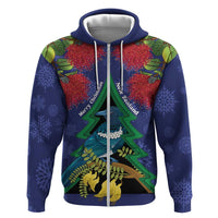 New Zealand Christmas In July Zip Hoodie Kowhai Tui Bird With Pohutukawa - Blue LT14 Zip Hoodie Blue - Polynesian Pride