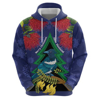 New Zealand Christmas In July Zip Hoodie Kowhai Tui Bird With Pohutukawa - Blue LT14 - Polynesian Pride