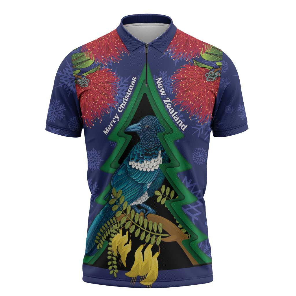 New Zealand Christmas In July Zipper Polo Shirt Kowhai Tui Bird With Pohutukawa - Blue LT14 Blue - Polynesian Pride