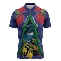 New Zealand Christmas In July Zipper Polo Shirt Kowhai Tui Bird With Pohutukawa - Blue LT14 Blue - Polynesian Pride