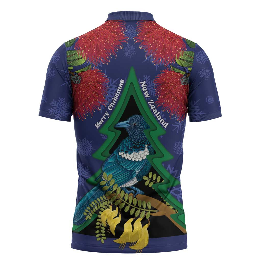 New Zealand Christmas In July Zipper Polo Shirt Kowhai Tui Bird With Pohutukawa - Blue LT14 - Polynesian Pride