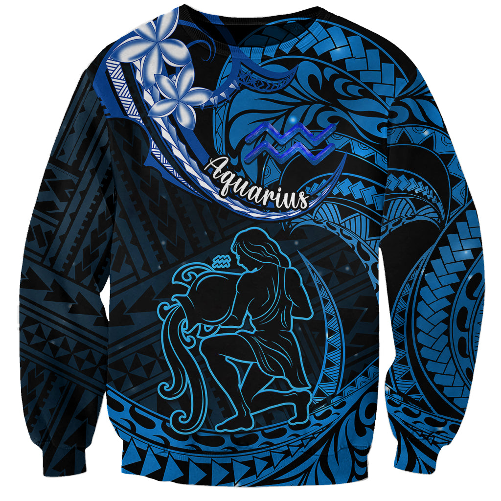 Polynesian Pride Aquarius Zodiac Sweatshirt Astrological Sign Tribal Plumeria Blue Galaxy LT14 Unisex Blue - Polynesian Pride