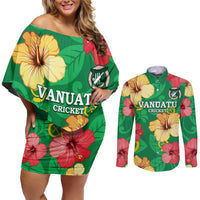 Custom Vanuatu Cricket Couples Matching Off Shoulder Short Dress and Long Sleeve Button Shirt 2024 Tropical Flowers Version LT14 Green - Polynesian Pride