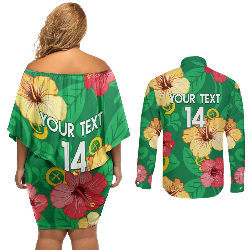 Custom Vanuatu Cricket Couples Matching Off Shoulder Short Dress and Long Sleeve Button Shirt 2024 Tropical Flowers Version LT14 - Polynesian Pride