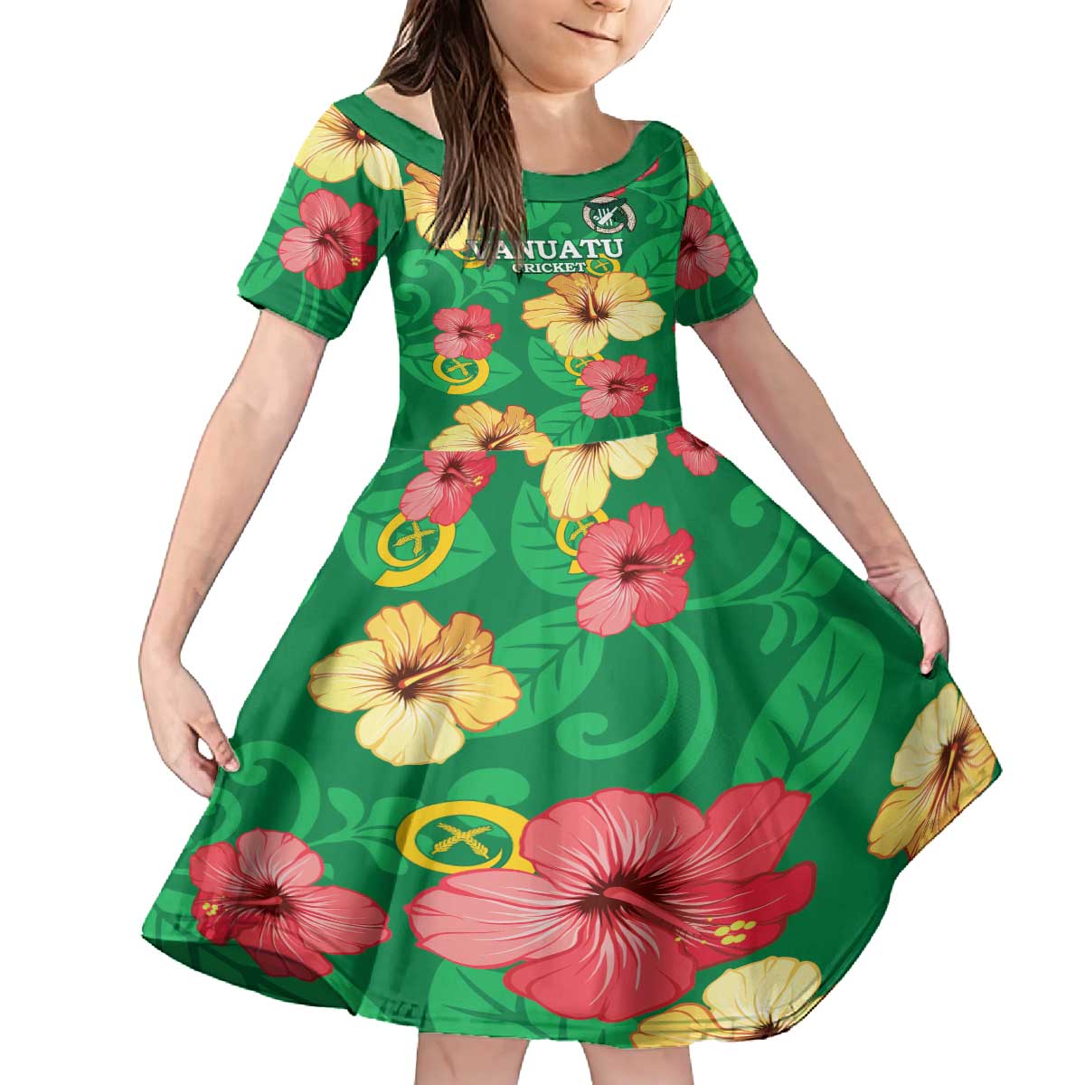 Custom Vanuatu Cricket Family Matching Off The Shoulder Long Sleeve Dress and Hawaiian Shirt 2024 Tropical Flowers Version LT14 Daughter's Dress Green - Polynesian Pride