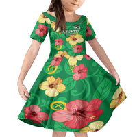 Custom Vanuatu Cricket Family Matching Off The Shoulder Long Sleeve Dress and Hawaiian Shirt 2024 Tropical Flowers Version LT14 Daughter's Dress Green - Polynesian Pride