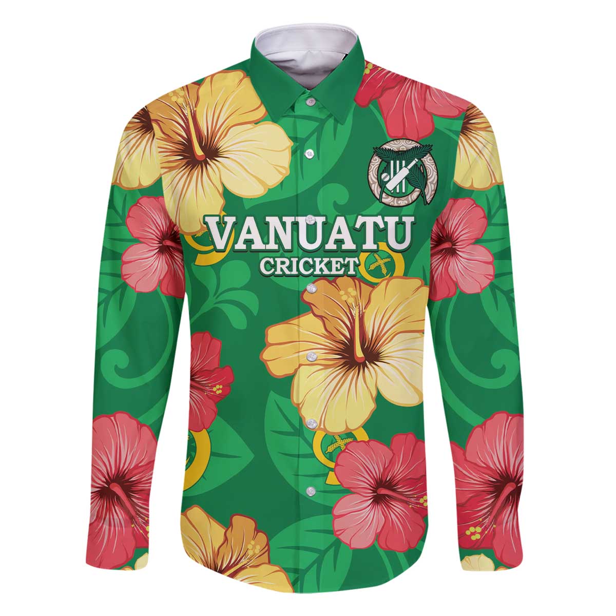 Custom Vanuatu Cricket Family Matching Off The Shoulder Long Sleeve Dress and Hawaiian Shirt 2024 Tropical Flowers Version LT14 Dad's Shirt - Long Sleeve Green - Polynesian Pride