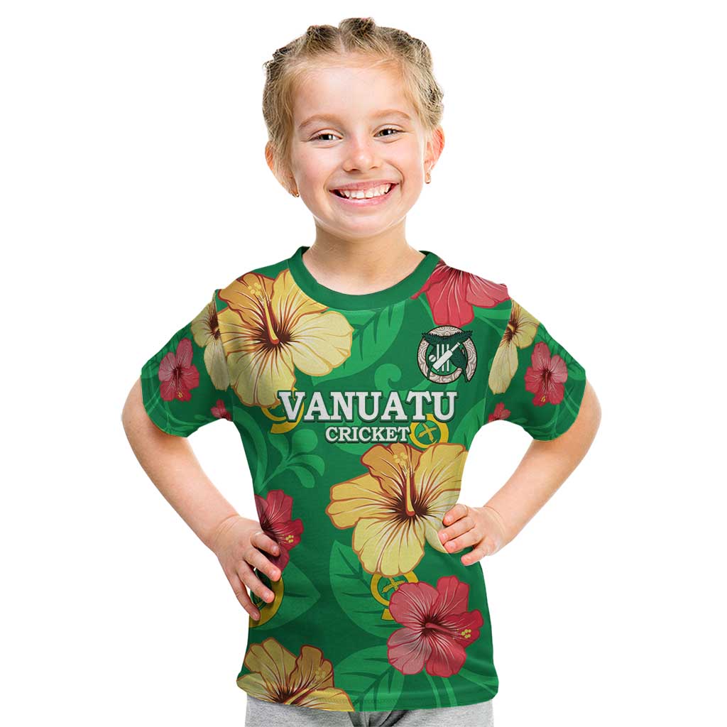 Custom Vanuatu Cricket Kid T Shirt 2024 Tropical Flowers Version