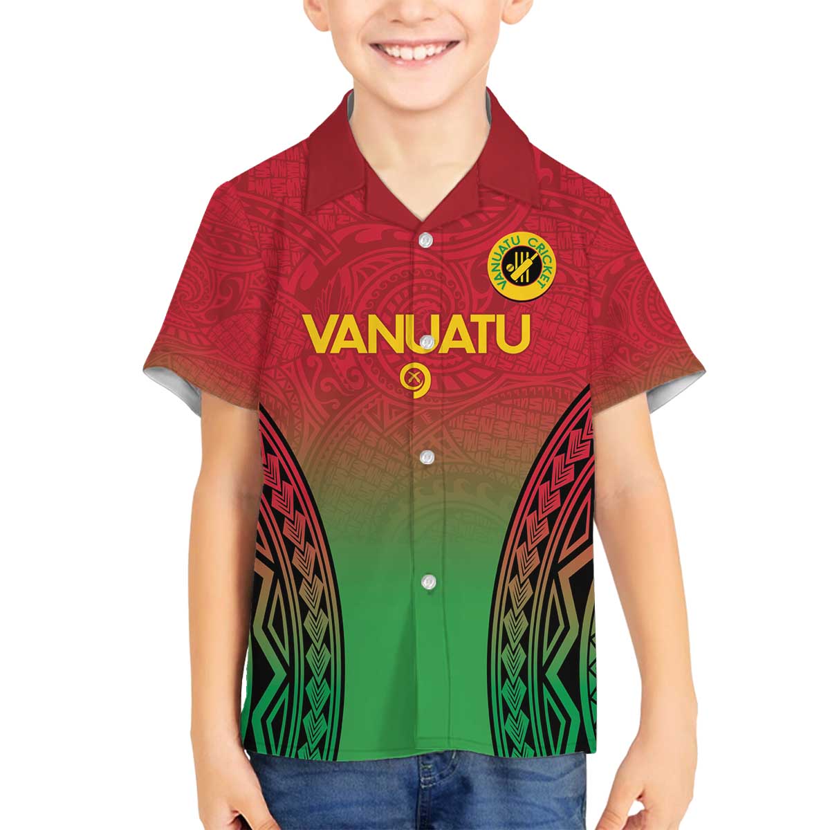 Custom Vanuatu Cricket Family Matching Off The Shoulder Long Sleeve Dress and Hawaiian Shirt 2024 Polynesian Pattern Sporty Style LT14 Son's Shirt Red - Polynesian Pride