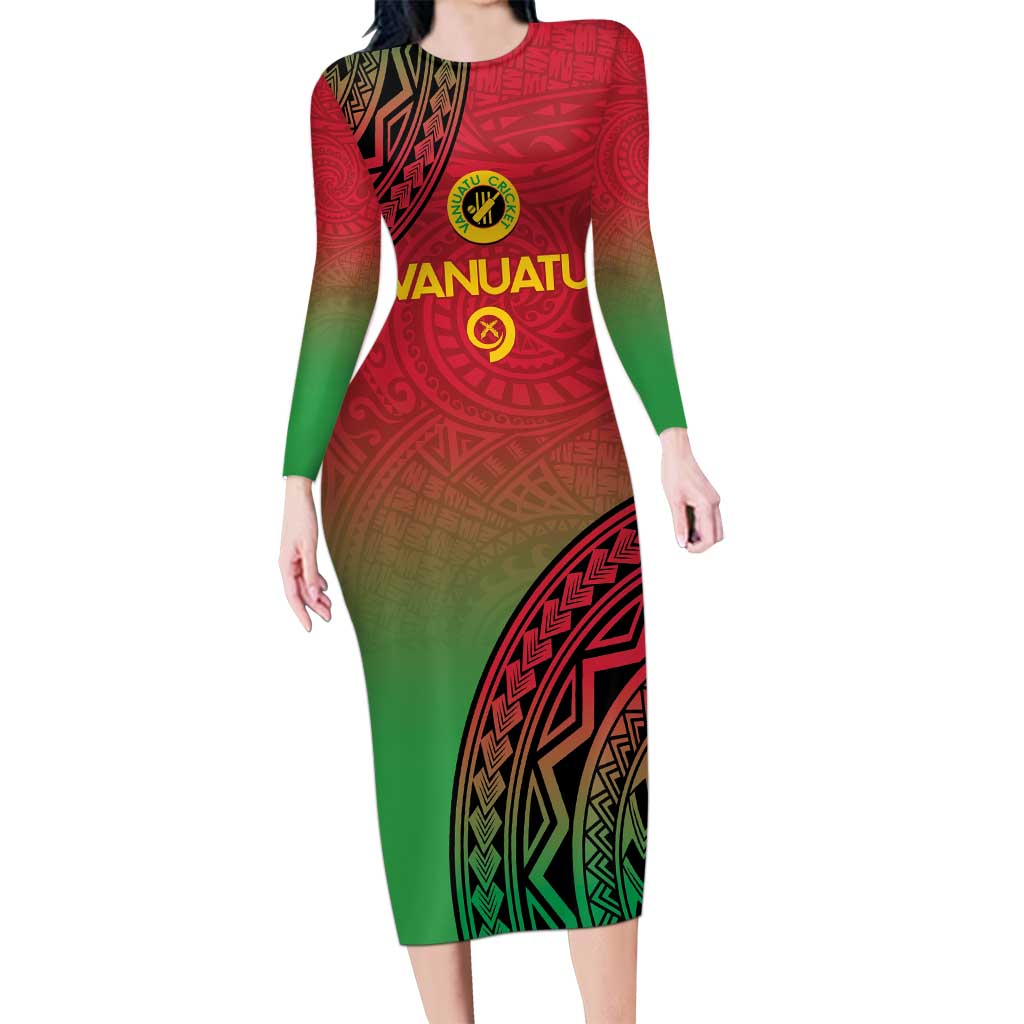 Custom Vanuatu Cricket Long Sleeve Bodycon Dress 2024 Polynesian Pattern Sporty Style