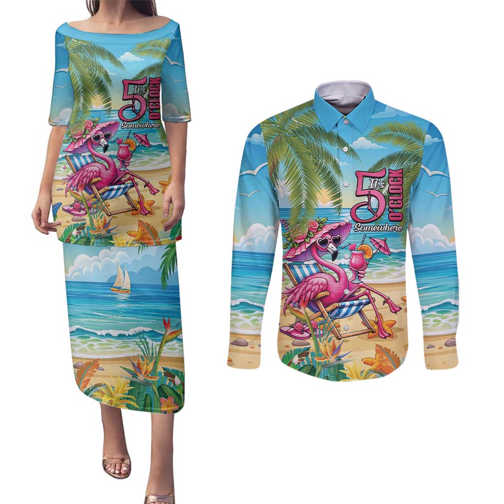 Flamingo Aloha Hawaii Couples Matching Puletasi and Long Sleeve Button Shirt It's 5 O’Clock Somewhere Tropical Vibes - Polynesian Pride