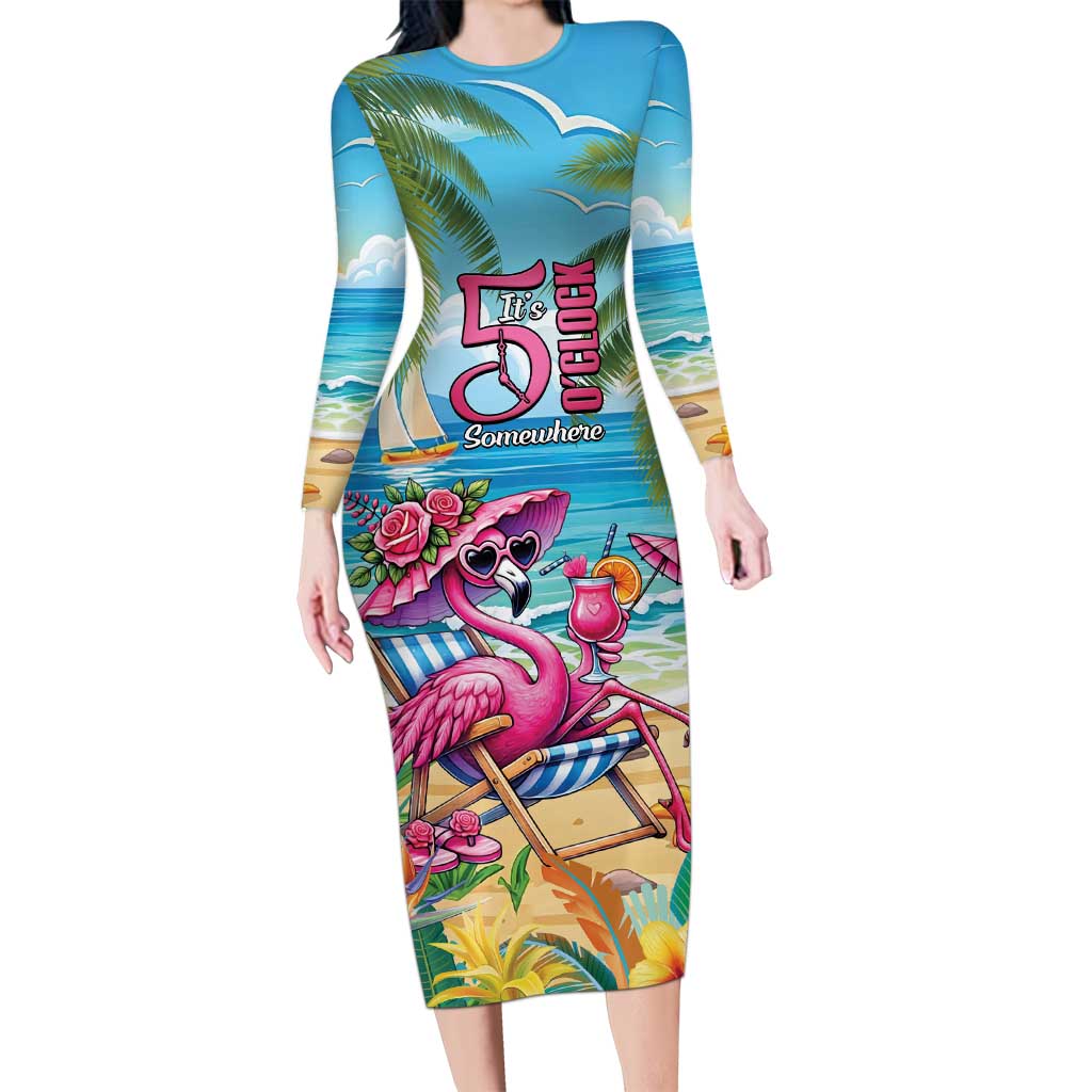Flamingo Aloha Hawaii Family Matching Long Sleeve Bodycon Dress and Hawaiian Shirt It's 5 OClock Somewhere Tropical Vibes LT14 Mom's Dress Blue - Polynesian Pride