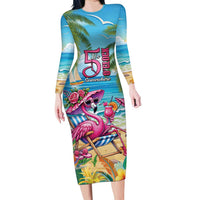 Flamingo Aloha Hawaii Family Matching Long Sleeve Bodycon Dress and Hawaiian Shirt It's 5 OClock Somewhere Tropical Vibes LT14 Mom's Dress Blue - Polynesian Pride