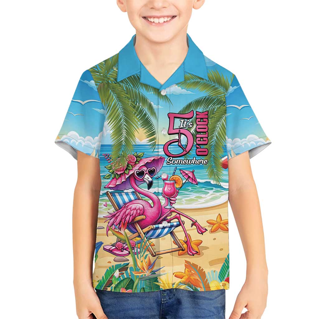 Flamingo Aloha Hawaii Family Matching Long Sleeve Bodycon Dress and Hawaiian Shirt It's 5 OClock Somewhere Tropical Vibes LT14 Son's Shirt Blue - Polynesian Pride