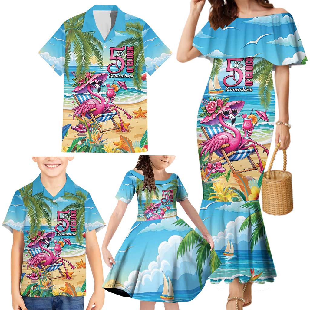 Flamingo Aloha Hawaii Family Matching Mermaid Dress and Hawaiian Shirt It's 5 OClock Somewhere Tropical Vibes LT14 - Polynesian Pride