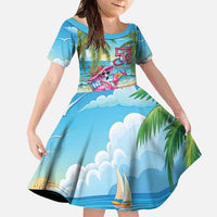 Flamingo Aloha Hawaii Family Matching Off The Shoulder Long Sleeve Dress and Hawaiian Shirt It's 5 OClock Somewhere Tropical Vibes LT14 Daughter's Dress Blue - Polynesian Pride