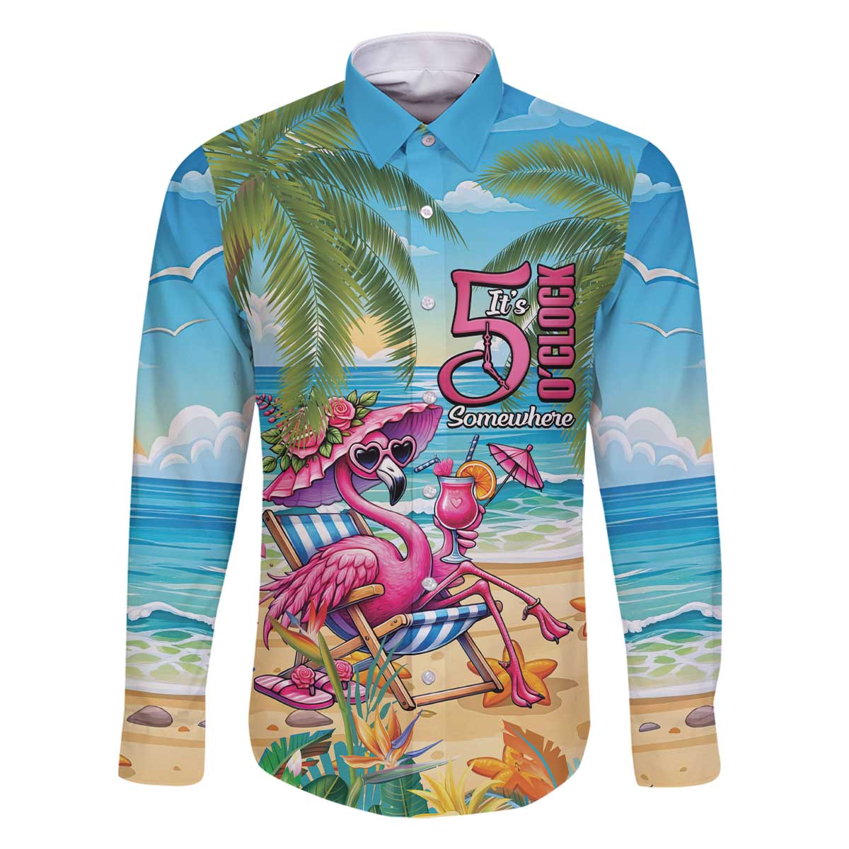 Flamingo Aloha Hawaii Family Matching Off The Shoulder Long Sleeve Dress and Hawaiian Shirt It's 5 OClock Somewhere Tropical Vibes LT14 Dad's Shirt - Long Sleeve Blue - Polynesian Pride