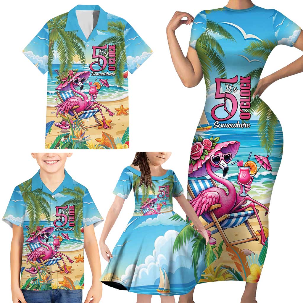 Flamingo Aloha Hawaii Family Matching Short Sleeve Bodycon Dress and Hawaiian Shirt It's 5 OClock Somewhere Tropical Vibes LT14 - Polynesian Pride