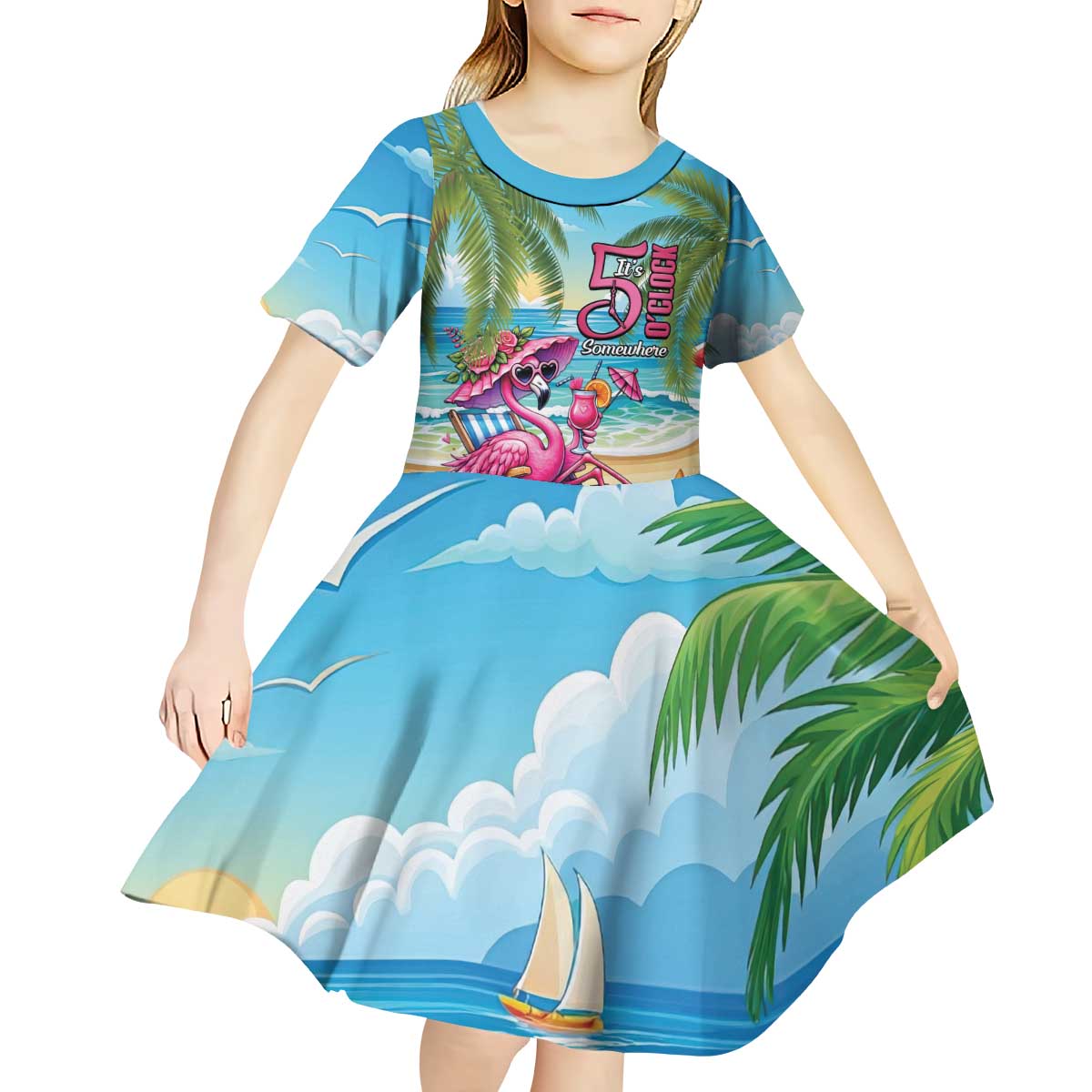 Flamingo Aloha Hawaii Kid Short Sleeve Dress It's 5 OClock Somewhere Tropical Vibes LT14 - Polynesian Pride
