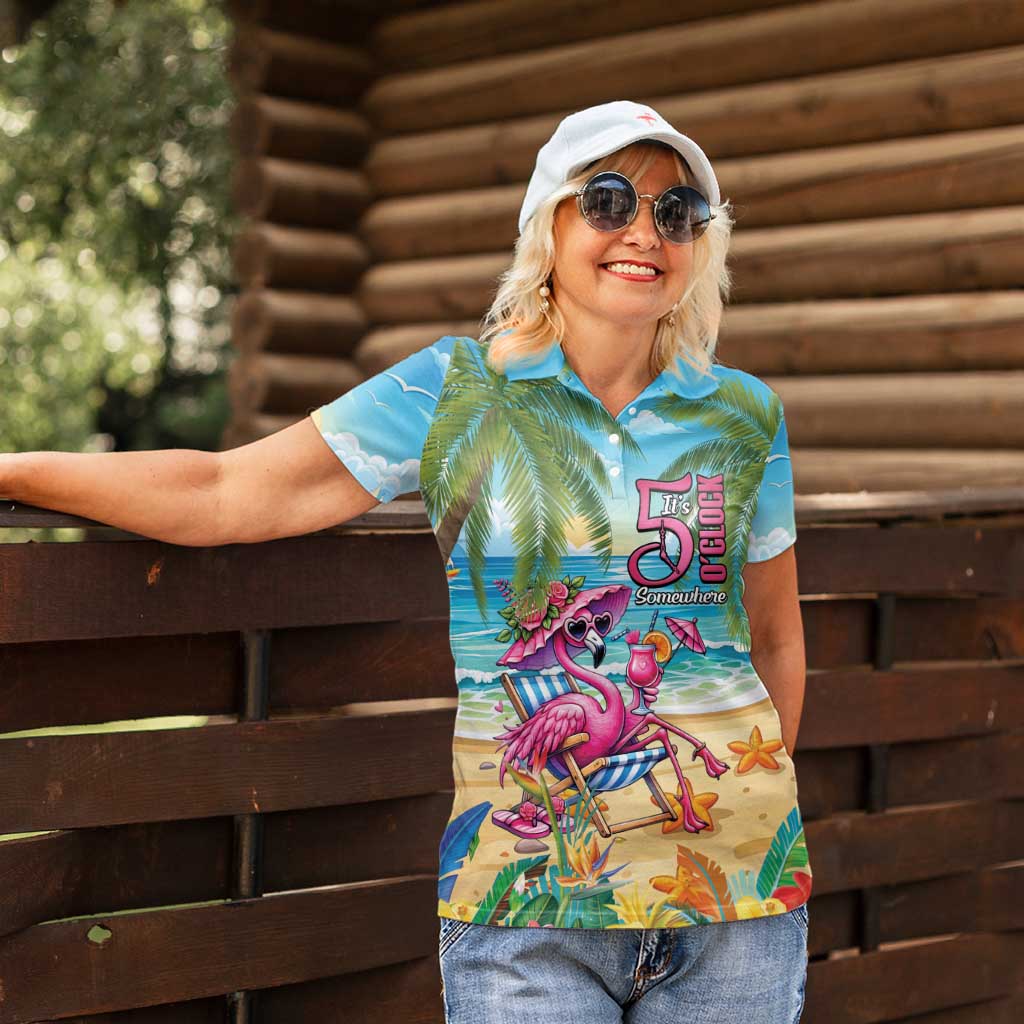 Flamingo Aloha Hawaii Women Polo Shirt It's 5 O’Clock Somewhere Tropical Vibes - Polynesian Pride