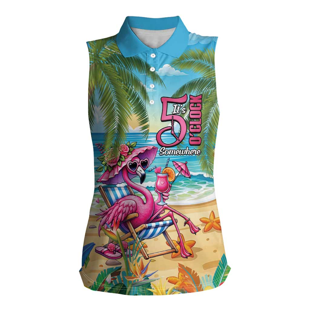Flamingo Aloha Hawaii Women Sleeveless Polo Shirt It's 5 OClock Somewhere Tropical Vibes LT14 Female Blue - Polynesian Pride