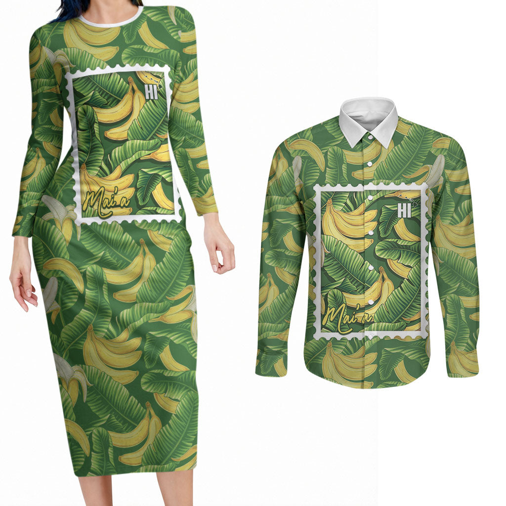Aloha Hawaii Maia Couples Matching Long Sleeve Bodycon Dress and Long Sleeve Button Shirt Hawaiian Banana Stylized Stamp LT14 Green - Polynesian Pride
