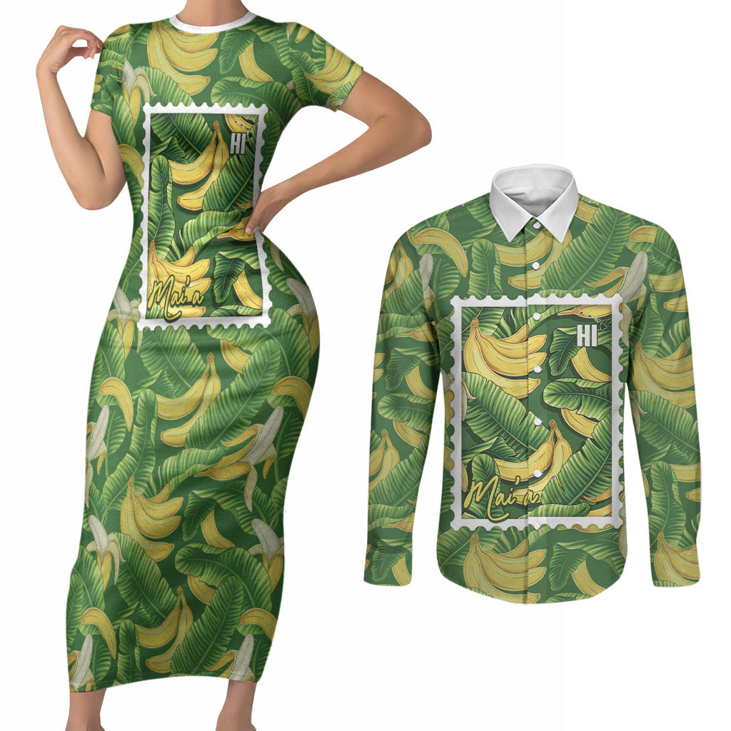 Aloha Hawaii Maia Couples Matching Short Sleeve Bodycon Dress and Long Sleeve Button Shirt Hawaiian Banana Stylized Stamp LT14 Green - Polynesian Pride