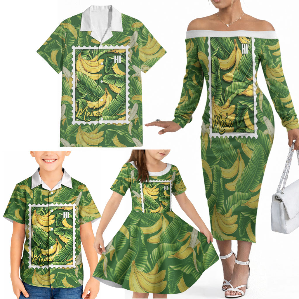 Aloha Hawaii Maia Family Matching Off The Shoulder Long Sleeve Dress and Hawaiian Shirt Hawaiian Banana Stylized Stamp LT14 - Polynesian Pride