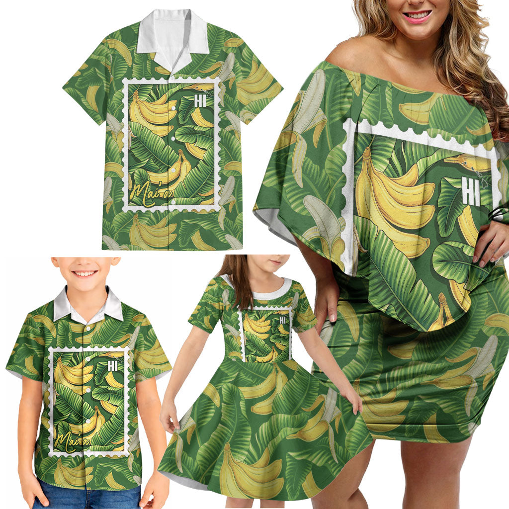Aloha Hawaii Maia Family Matching Off Shoulder Short Dress and Hawaiian Shirt Hawaiian Banana Stylized Stamp LT14 - Polynesian Pride