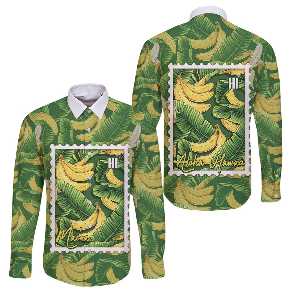 Aloha Hawaii Maia Family Matching Off Shoulder Short Dress and Hawaiian Shirt Hawaiian Banana Stylized Stamp LT14 Dad's Shirt - Long Sleeve Green - Polynesian Pride