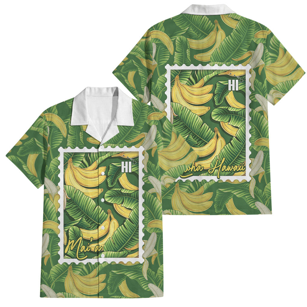 Aloha Hawaii Maia Family Matching Puletasi and Hawaiian Shirt Hawaiian Banana Stylized Stamp LT14 Dad's Shirt - Short Sleeve Green - Polynesian Pride