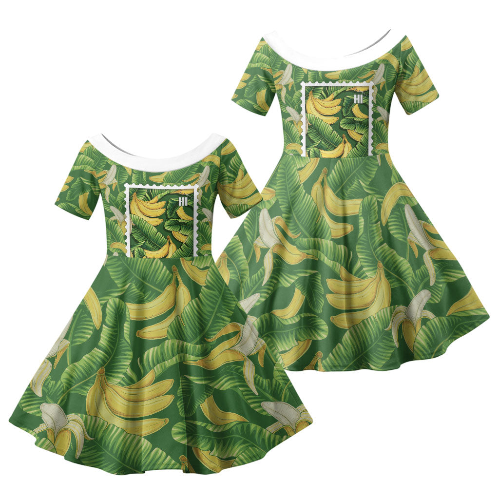 Aloha Hawaii Maia Family Matching Puletasi and Hawaiian Shirt Hawaiian Banana Stylized Stamp LT14 Daughter's Dress Green - Polynesian Pride