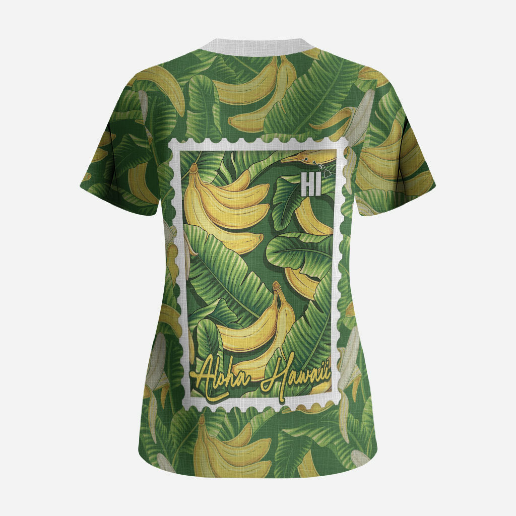 Aloha Hawaii Maia Scrub Top Hawaiian Banana Stylized Stamp LT14 - Polynesian Pride