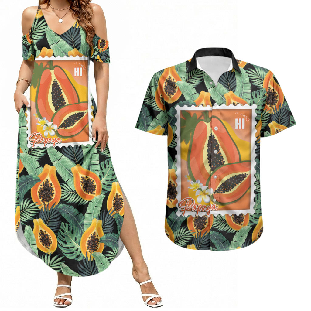 Aloha Hawaii Mikana Couples Matching Summer Maxi Dress and Hawaiian Shirt Hawaiian Papaya Stylized Stamp LT14 Green - Polynesian Pride