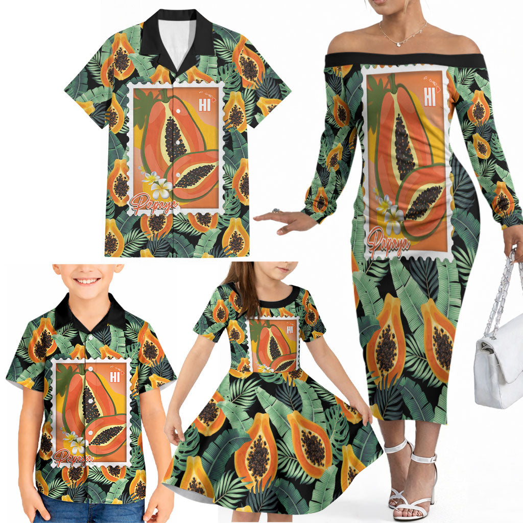Aloha Hawaii Mikana Family Matching Off The Shoulder Long Sleeve Dress and Hawaiian Shirt Hawaiian Papaya Stylized Stamp LT14 - Polynesian Pride