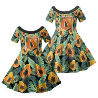 Aloha Hawaii Mikana Family Matching Off The Shoulder Long Sleeve Dress and Hawaiian Shirt Hawaiian Papaya Stylized Stamp LT14 Daughter's Dress Green - Polynesian Pride