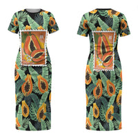 Aloha Hawaii Mikana Family Matching Short Sleeve Bodycon Dress and Hawaiian Shirt Hawaiian Papaya Stylized Stamp LT14 Mom's Dress Green - Polynesian Pride