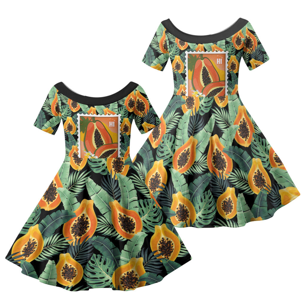 Aloha Hawaii Mikana Family Matching Short Sleeve Bodycon Dress and Hawaiian Shirt Hawaiian Papaya Stylized Stamp LT14 Daughter's Dress Green - Polynesian Pride
