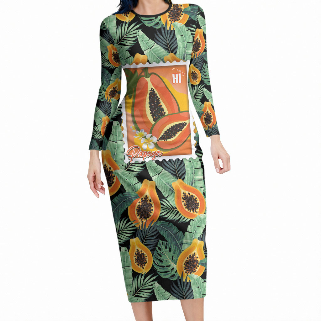 Aloha Hawaii Mikana Long Sleeve Bodycon Dress Hawaiian Papaya Stylized Stamp LT14 Long Dress Green - Polynesian Pride