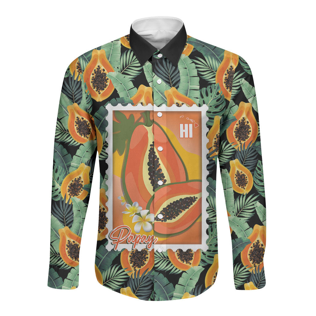 Aloha Hawaii Mikana Long Sleeve Button Shirt Hawaiian Papaya Stylized Stamp LT14 Unisex Green - Polynesian Pride
