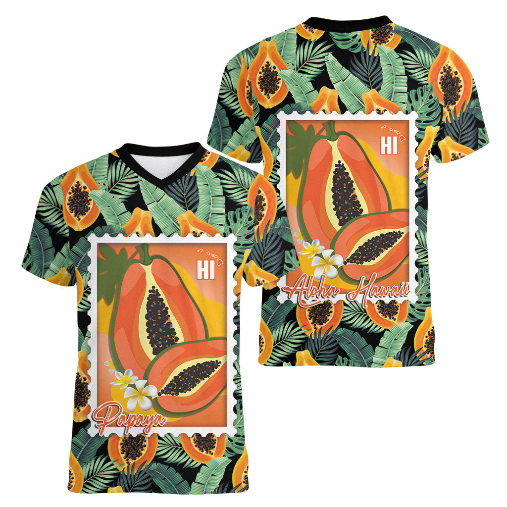 Aloha Hawaii Mikana Women V-Neck T-Shirt Hawaiian Papaya Stylized Stamp LT14 - Polynesian Pride