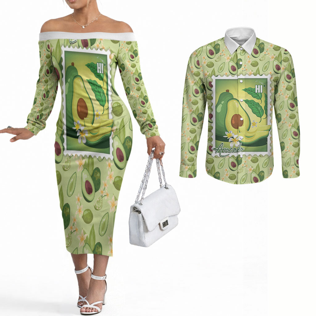 Aloha Hawaii Avocado Couples Matching Off The Shoulder Long Sleeve Dress and Long Sleeve Button Shirt Hawaiian Fruit Stylized Stamp LT14 Green - Polynesian Pride