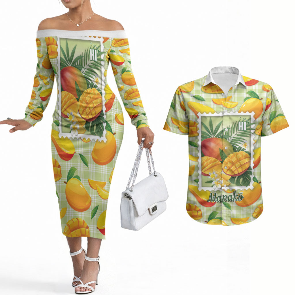 Aloha Hawaii Manako Palaka Motifs Couples Matching Off The Shoulder Long Sleeve Dress and Hawaiian Shirt Hawaiian Mango Stylized Stamp LT14 Yellow - Polynesian Pride