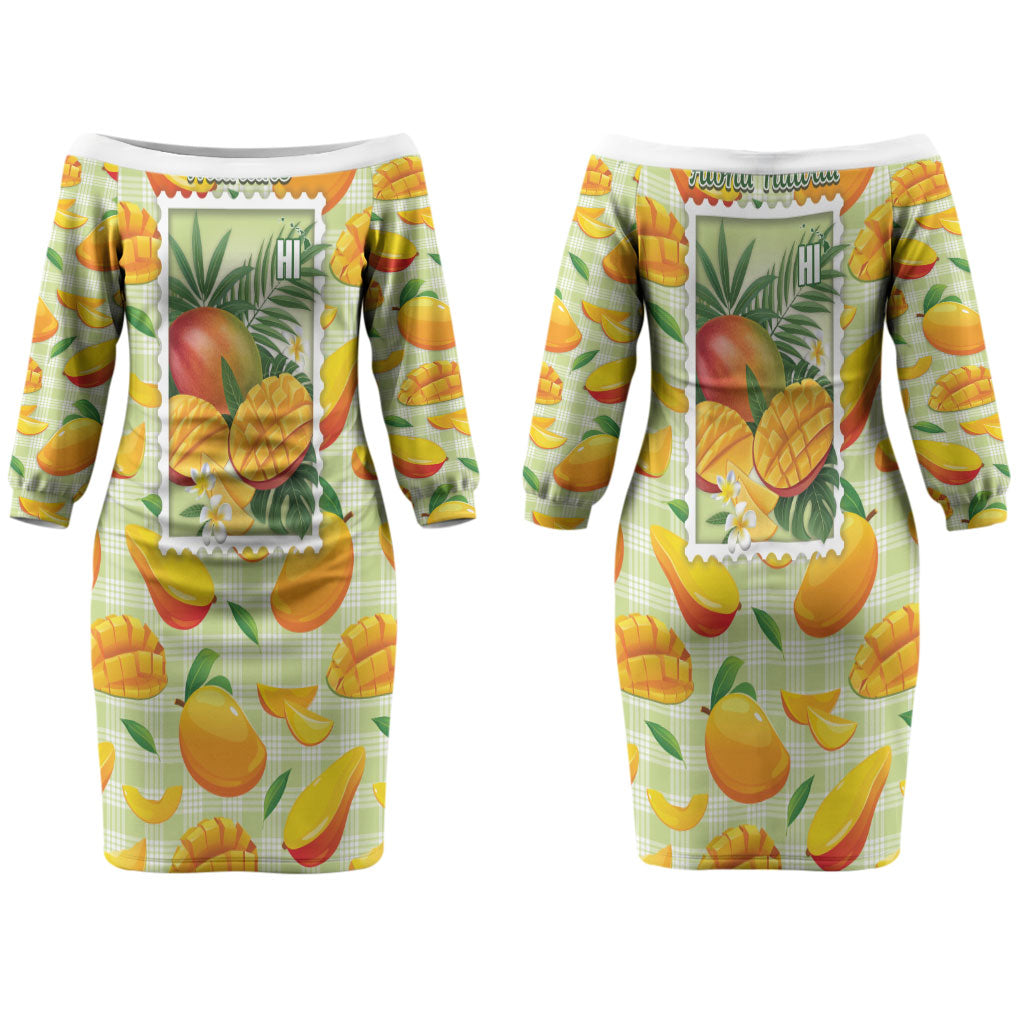 Aloha Hawaii Manako Palaka Motifs Couples Matching Off The Shoulder Long Sleeve Dress and Hawaiian Shirt Hawaiian Mango Stylized Stamp LT14 - Polynesian Pride