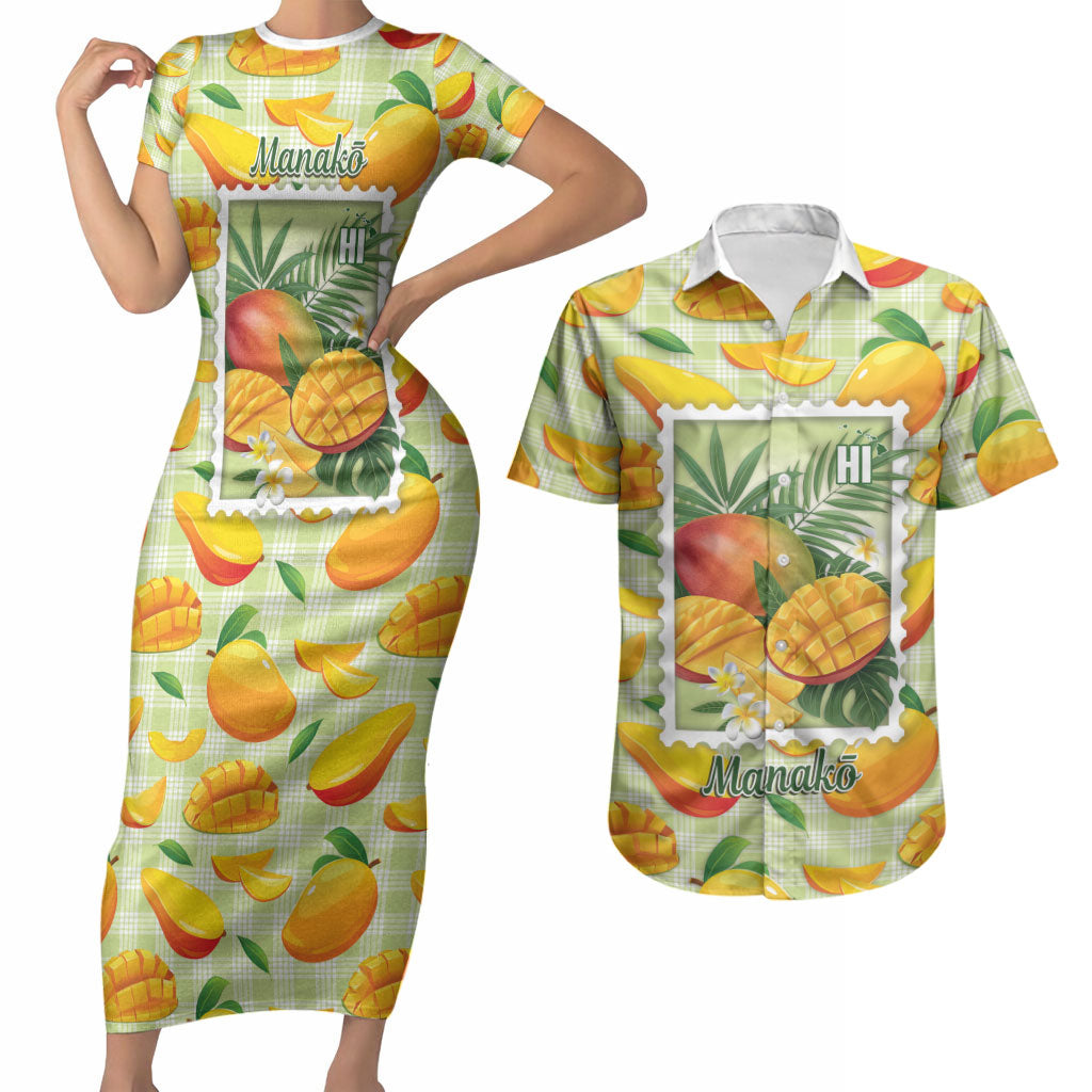 Aloha Hawaii Manako Palaka Motifs Couples Matching Short Sleeve Bodycon Dress and Hawaiian Shirt Hawaiian Mango Stylized Stamp LT14 Yellow - Polynesian Pride