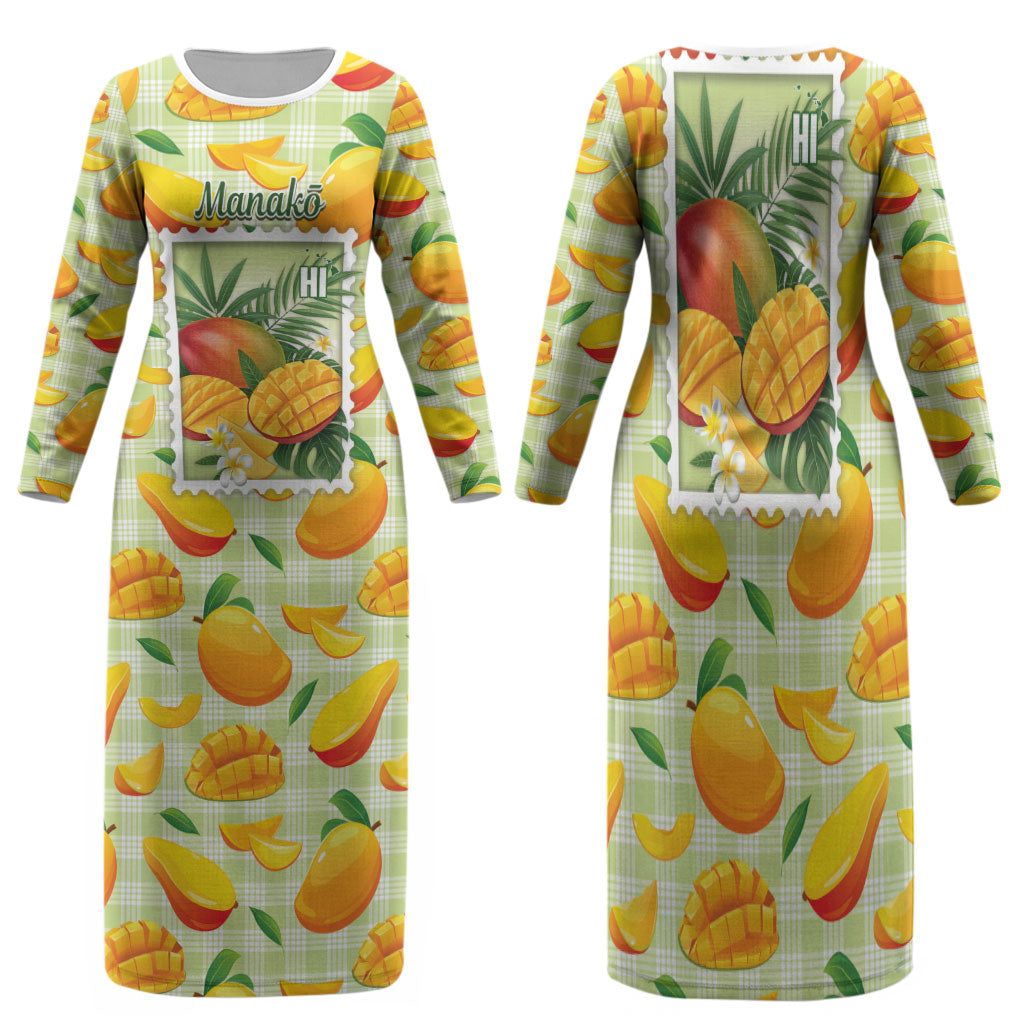 Aloha Hawaii Manako Palaka Motifs Family Matching Long Sleeve Bodycon Dress and Hawaiian Shirt Hawaiian Mango Stylized Stamp LT14 Mom's Dress Yellow - Polynesian Pride