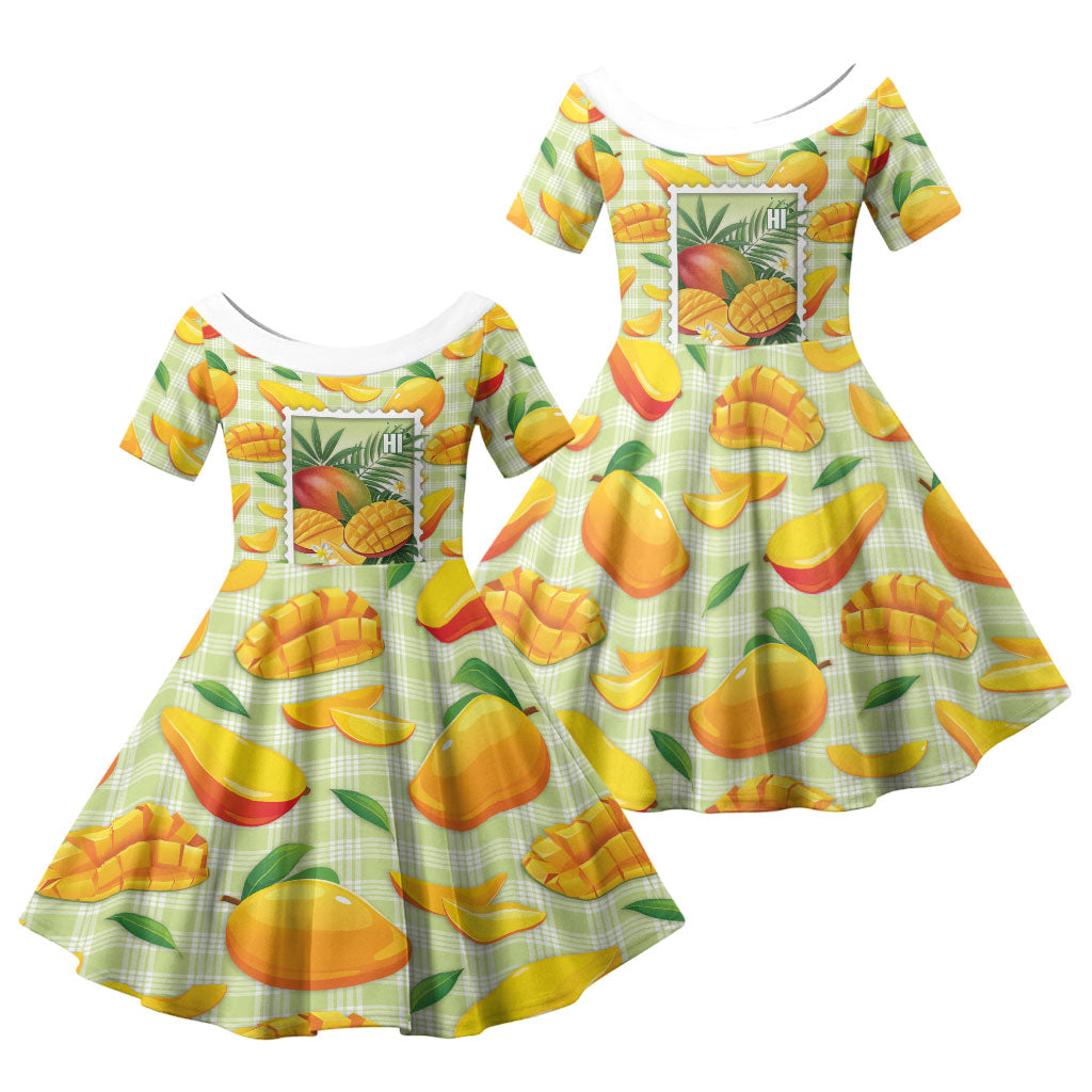 Aloha Hawaii Manako Palaka Motifs Family Matching Mermaid Dress and Hawaiian Shirt Hawaiian Mango Stylized Stamp LT14 Daughter's Dress Yellow - Polynesian Pride